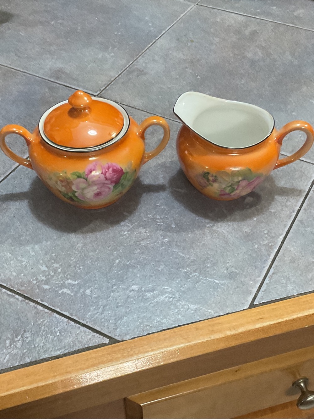 Orange Floral Porcelain Creamer and Sugar Set